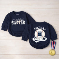 Custom Baseball Sister Baby Romper with Name & Number, Matching Family Game Day Outfit, Soft Cotton Toddler Clothes for Special Occasions