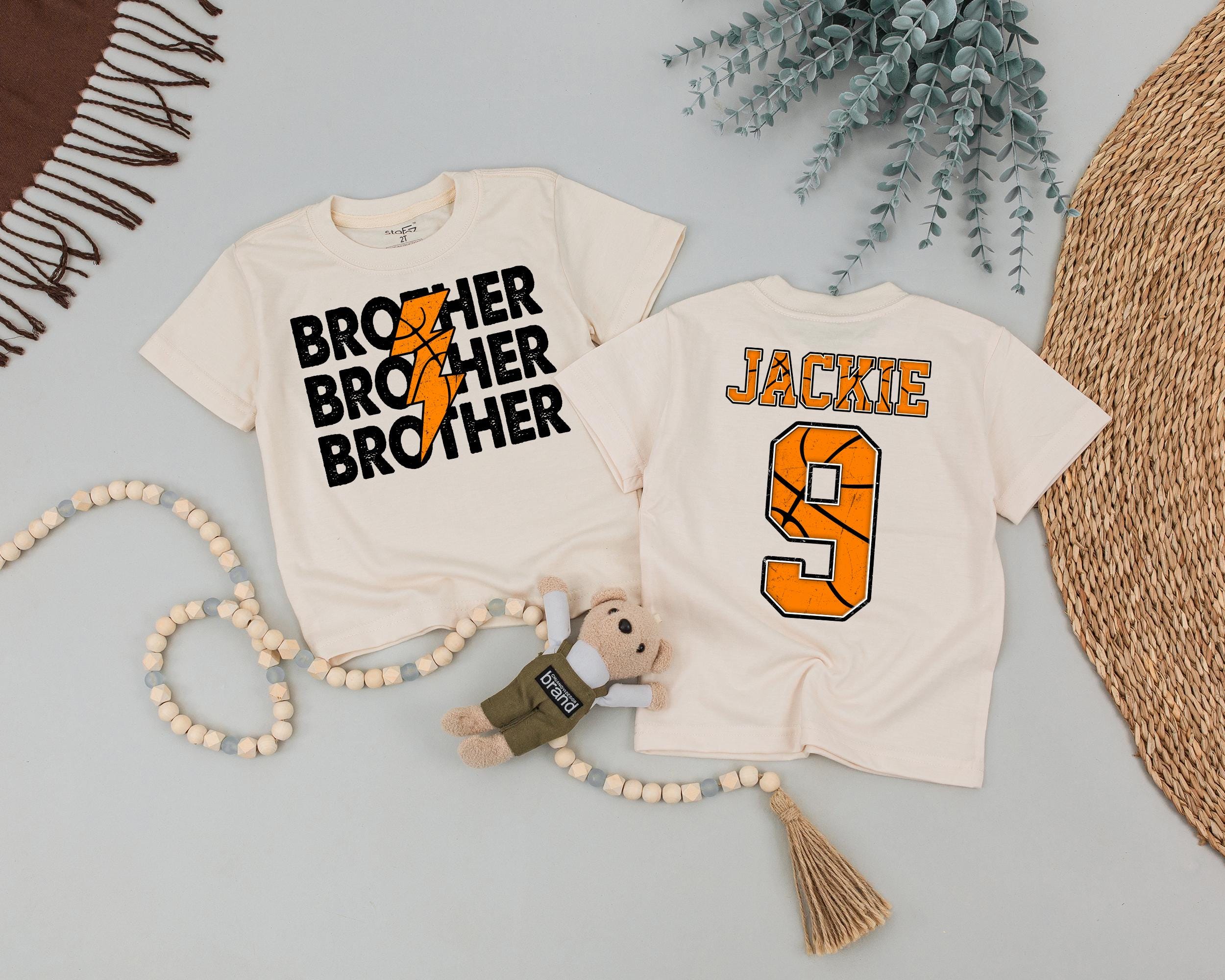 Custom Basketball T-Shirt for Kids with Name and Number, Brother Toddler Shirt, Sport Baby Gift, Playful Athletic Black Orange Design