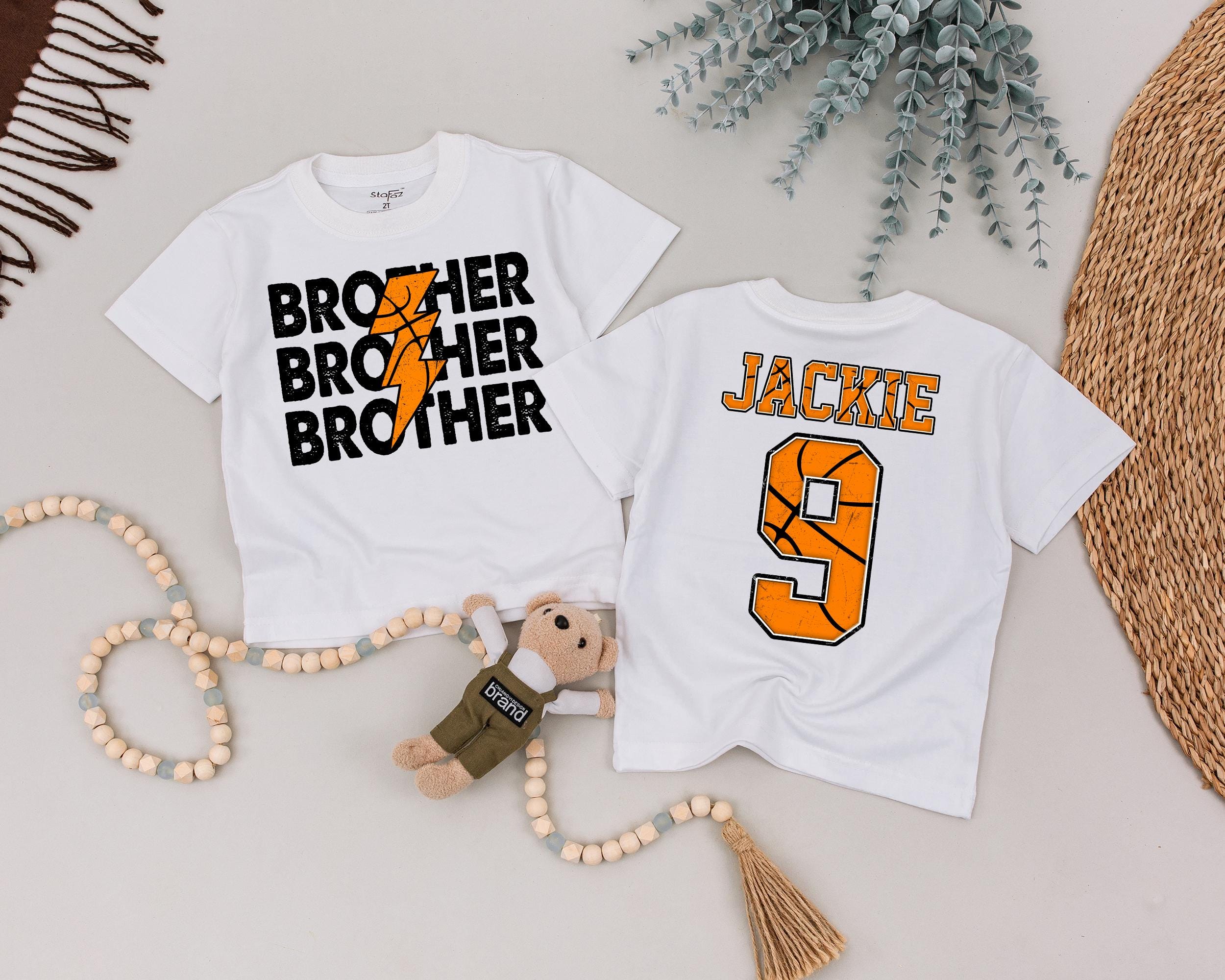 Custom Basketball T-Shirt for Kids with Name and Number, Brother Toddler Shirt, Sport Baby Gift, Playful Athletic Black Orange Design