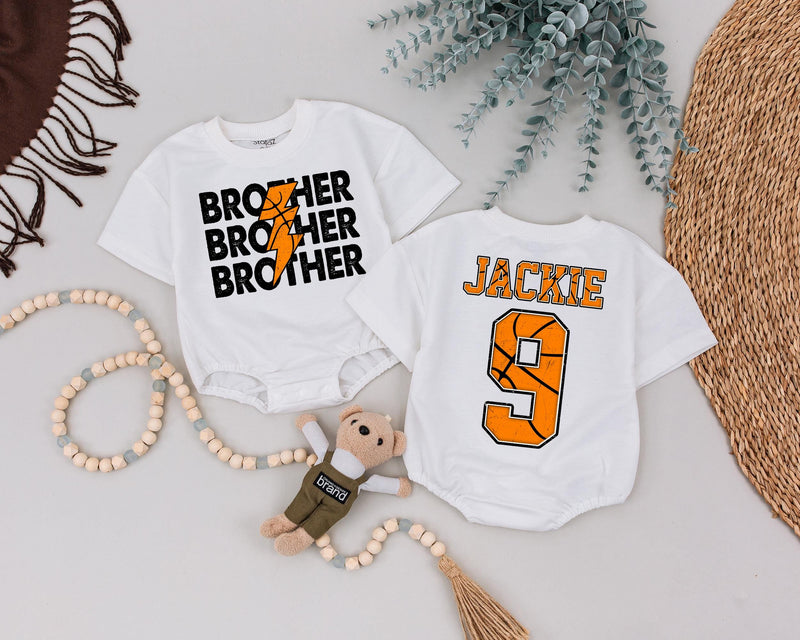 Custom Brother Toddler Romper with Lightning Bolt Design, Personalized Name and Number, Soft Cotton Baby Outfit for Sports-Themed Occasions