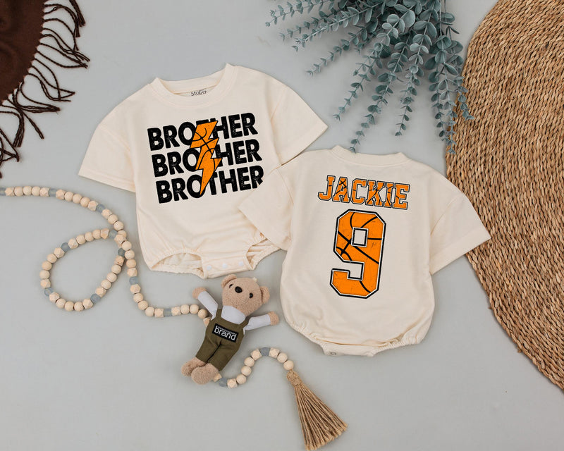 Custom Brother Toddler Romper with Lightning Bolt Design, Personalized Name and Number, Soft Cotton Baby Outfit for Sports-Themed Occasions