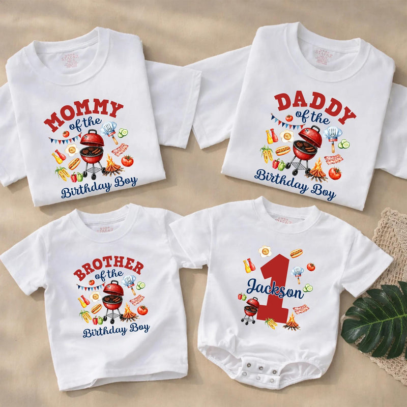 Custom BBQ Grill Birthday Matching Family Shirts, Daddy, Mommy, Brother & Baby Romper, Personalized 1st Birthday Outfit for Party Fun