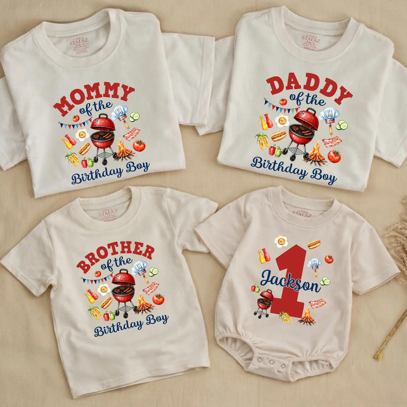 Custom BBQ Grill Birthday Matching Family Shirts, Daddy, Mommy, Brother & Baby Romper, Personalized 1st Birthday Outfit for Party Fun