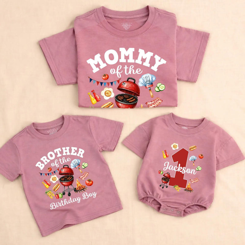 Custom BBQ Grill Birthday Matching Family Shirts, Daddy, Mommy, Brother & Baby Romper, Personalized 1st Birthday Outfit for Party Fun