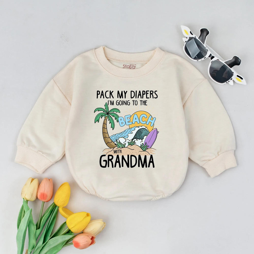 Custom Beach Baby Romper Pack My Diapers I'm Off to the Beach with Grandma Funny Summer Outfit Infant Vacation Gift Idea