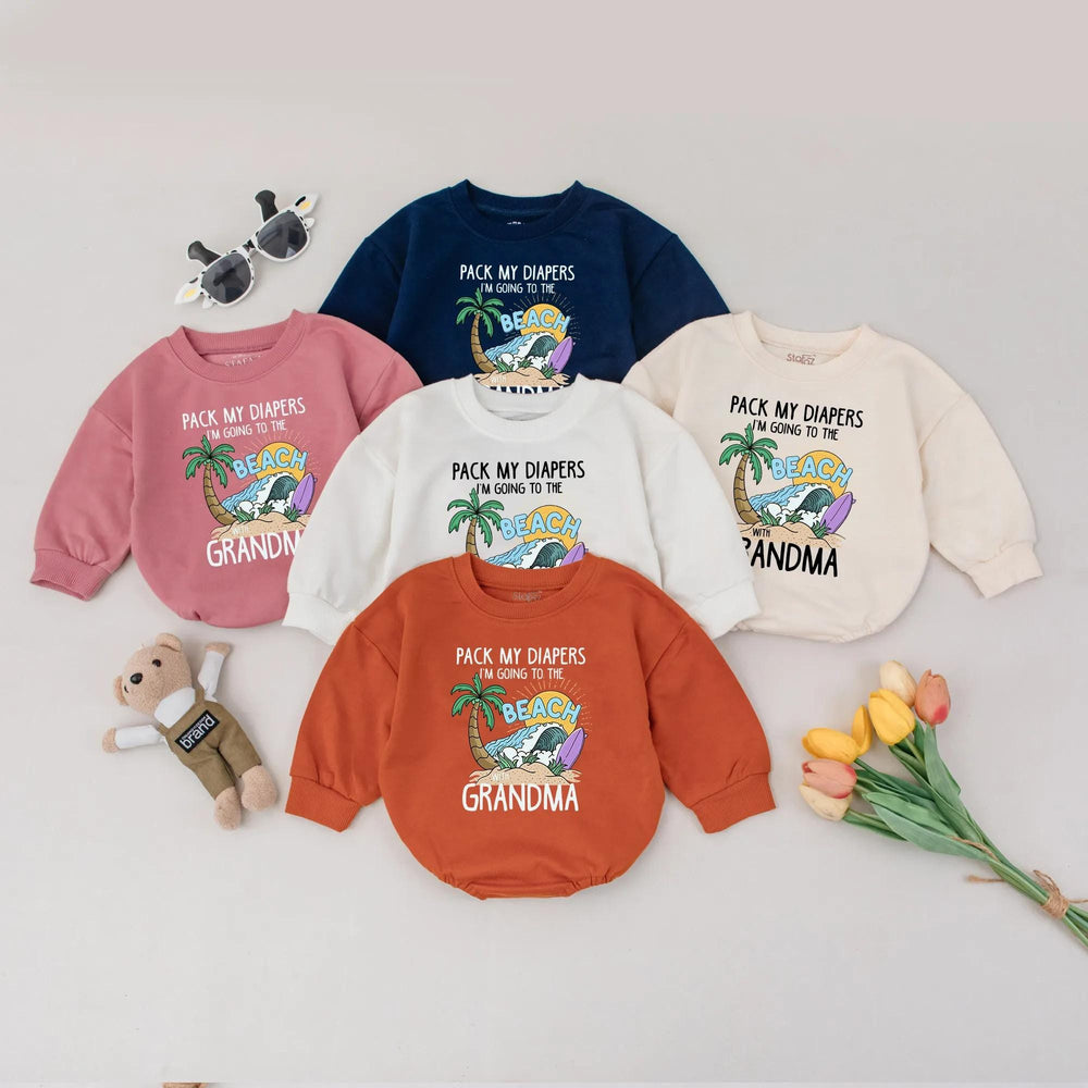 Custom Beach Baby Romper Pack My Diapers I'm Off to the Beach with Grandma Funny Summer Outfit Infant Vacation Gift Idea