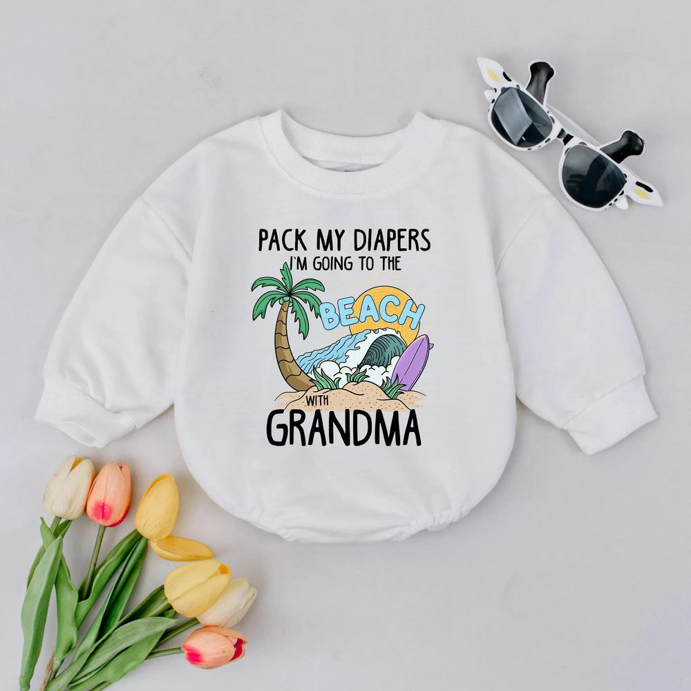 Custom Beach Baby Romper Pack My Diapers I'm Off to the Beach with Grandma Funny Summer Outfit Infant Vacation Gift Idea