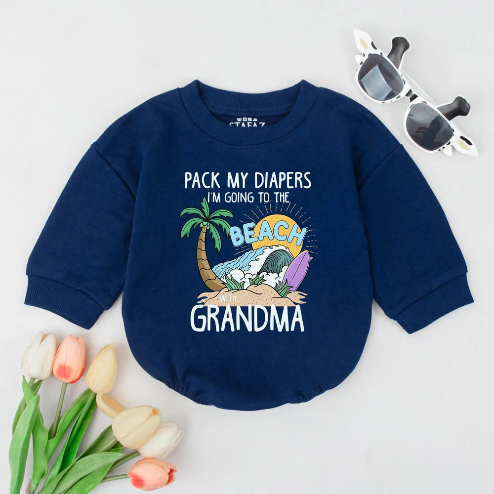 Custom Beach Baby Romper Pack My Diapers I'm Off to the Beach with Grandma Funny Summer Outfit Infant Vacation Gift Idea