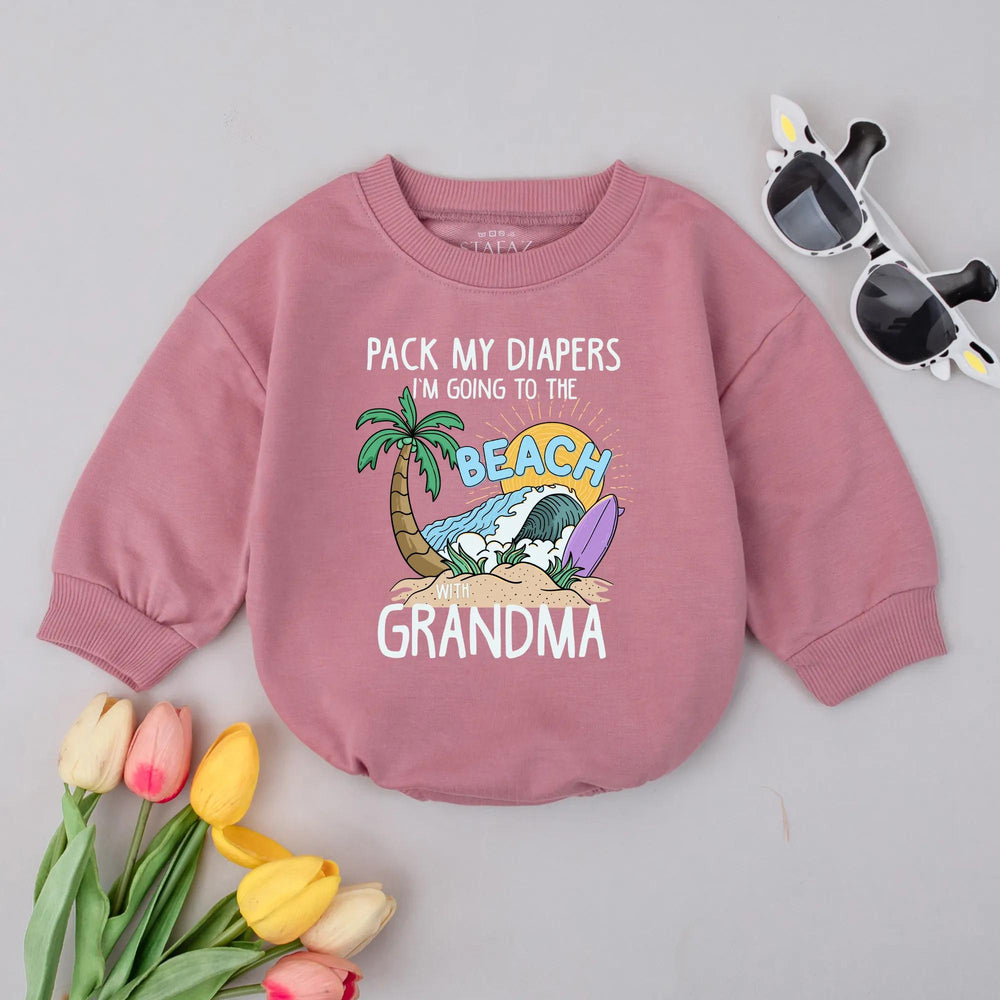 Custom Beach Baby Romper Pack My Diapers I'm Off to the Beach with Grandma Funny Summer Outfit Infant Vacation Gift Idea