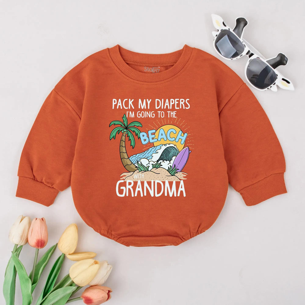 Custom Beach Baby Romper Pack My Diapers I'm Off to the Beach with Grandma Funny Summer Outfit Infant Vacation Gift Idea