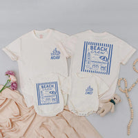 Custom Beach Crew Matching Family Shirts with Blue Coastal Artwork, Soft Cotton Romper for Baby, Kids' Tee, and Adult T-Shirt for Summer Trips