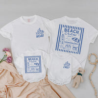 Custom Beach Crew Matching Family Shirts with Blue Coastal Artwork, Soft Cotton Romper for Baby, Kids' Tee, and Adult T-Shirt for Summer Trips