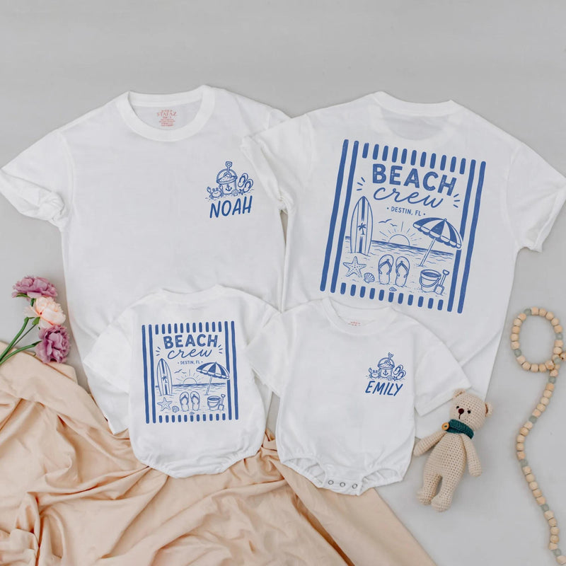 Custom Beach Crew Matching Family Shirts with Blue Coastal Artwork, Soft Cotton Romper for Baby, Kids' Tee, and Adult T-Shirt for Summer Trips