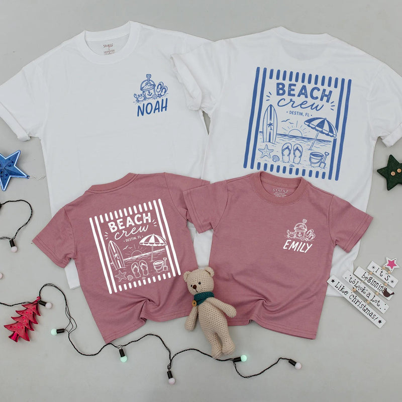 Custom Beach Crew Matching Family Shirts with Blue Coastal Artwork, Soft Cotton Romper for Baby, Kids' Tee, and Adult T-Shirt for Summer Trips