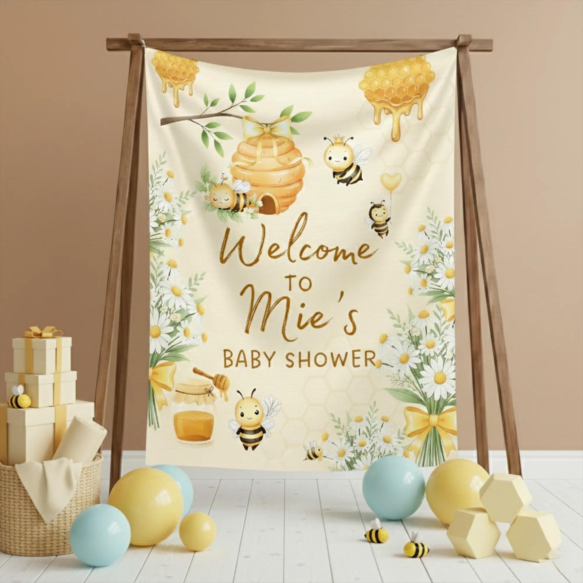 Custom Bee Baby Shower Welcome Sign with Watercolor Honeycomb Design Personalized Party Decor Cream Yellow Gold Daisy Theme
