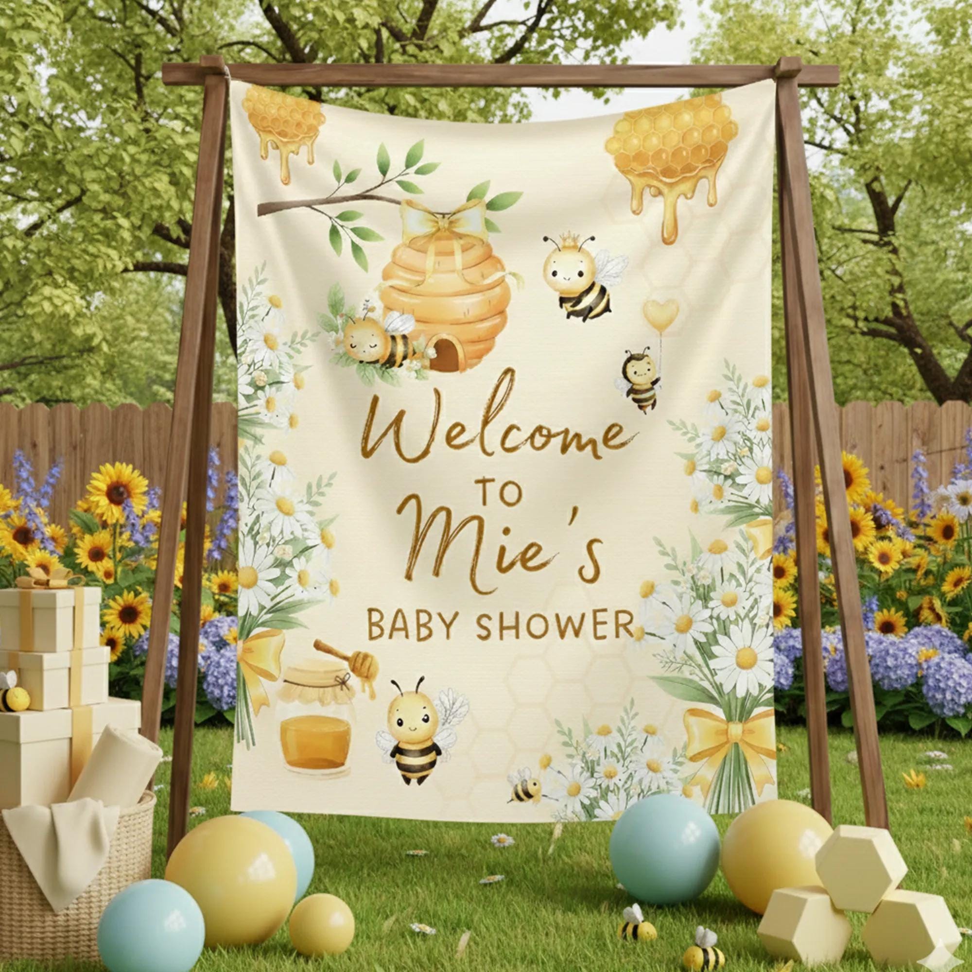 Custom Bee Baby Shower Welcome Sign with Watercolor Honeycomb Design Personalized Party Decor Cream Yellow Gold Daisy Theme