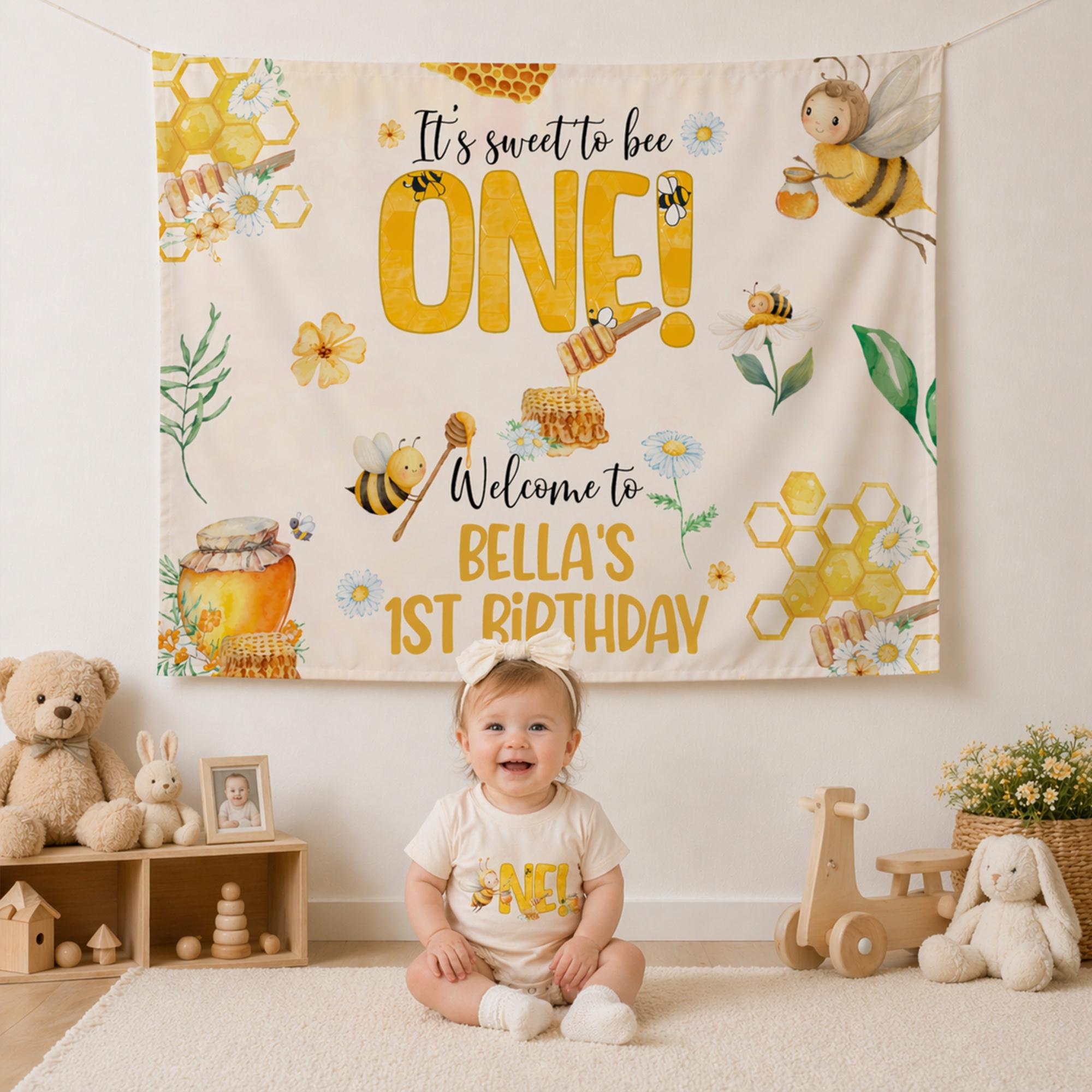Custom Bee First Birthday Outfit with ONE Romper and Sweet Honeycomb Design, Bumblebee Birthday Banner Cake Smash Set for Baby or Toddler
