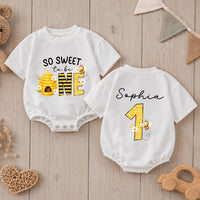 Custom Bee One Baby Girl Romper, So Sweet to Be 1st Birthday Cake Smash Outfit, Soft Cotton Short or Long Sleeve for Springtime Wear