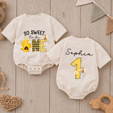 Custom Bee One Baby Girl Romper, So Sweet to Be 1st Birthday Cake Smash Outfit, Soft Cotton Short or Long Sleeve for Springtime Wear