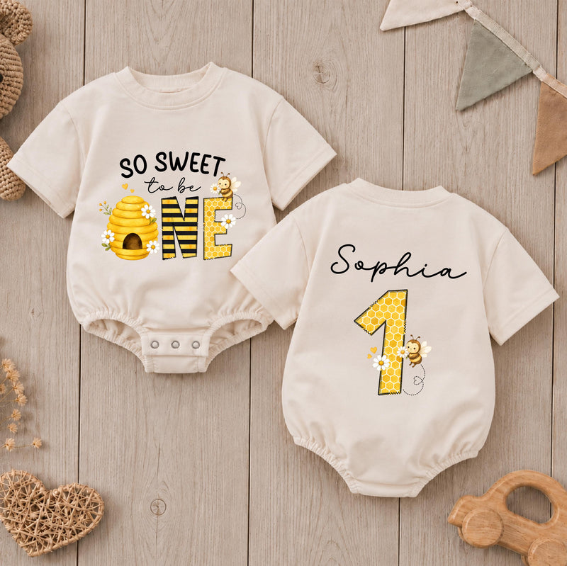 Custom Bee One Baby Girl Romper, So Sweet to Be 1st Birthday Cake Smash Outfit, Soft Cotton Short or Long Sleeve for Springtime Wear