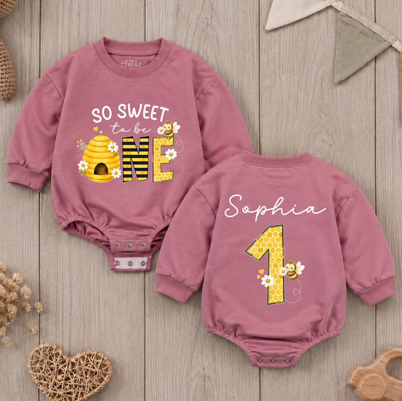 Custom Bee One Baby Girl Romper, So Sweet to Be 1st Birthday Cake Smash Outfit, Soft Cotton Short or Long Sleeve for Springtime Wear