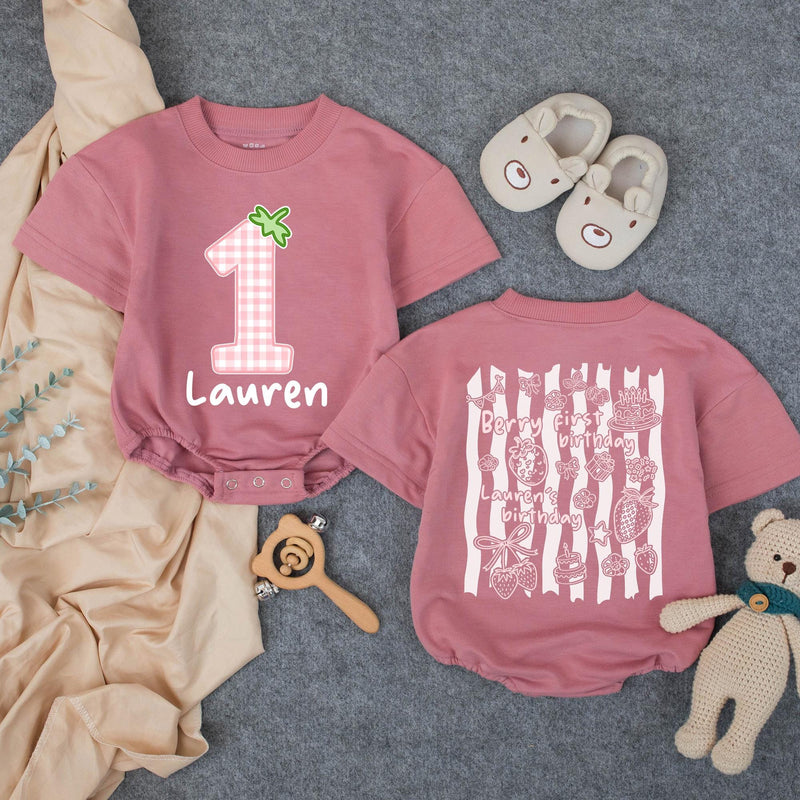 Custom Berry First Birthday Romper for Baby Girl - Soft Cotton Outfit with Strawberry Motifs, Perfect for Cake Smash & Milestone Photos