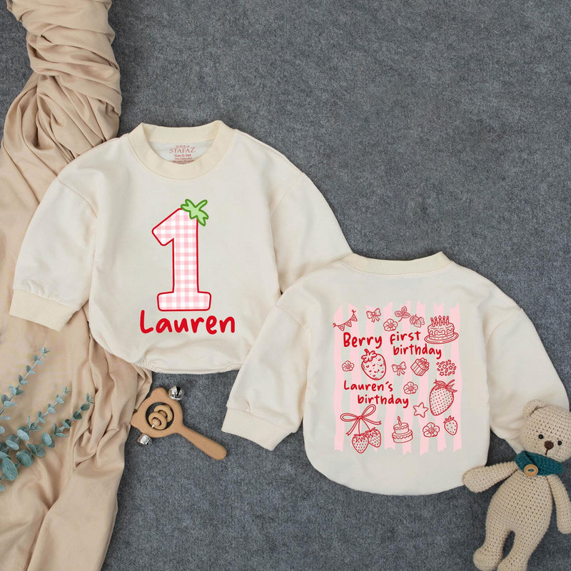 Custom Berry First Birthday Romper for Baby Girl - Soft Cotton Outfit with Strawberry Motifs, Perfect for Cake Smash & Milestone Photos