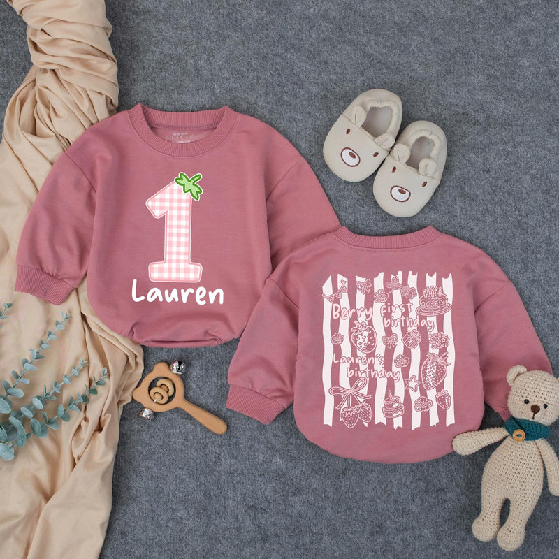 Custom Berry First Birthday Romper for Baby Girl - Soft Cotton Outfit with Strawberry Motifs, Perfect for Cake Smash & Milestone Photos