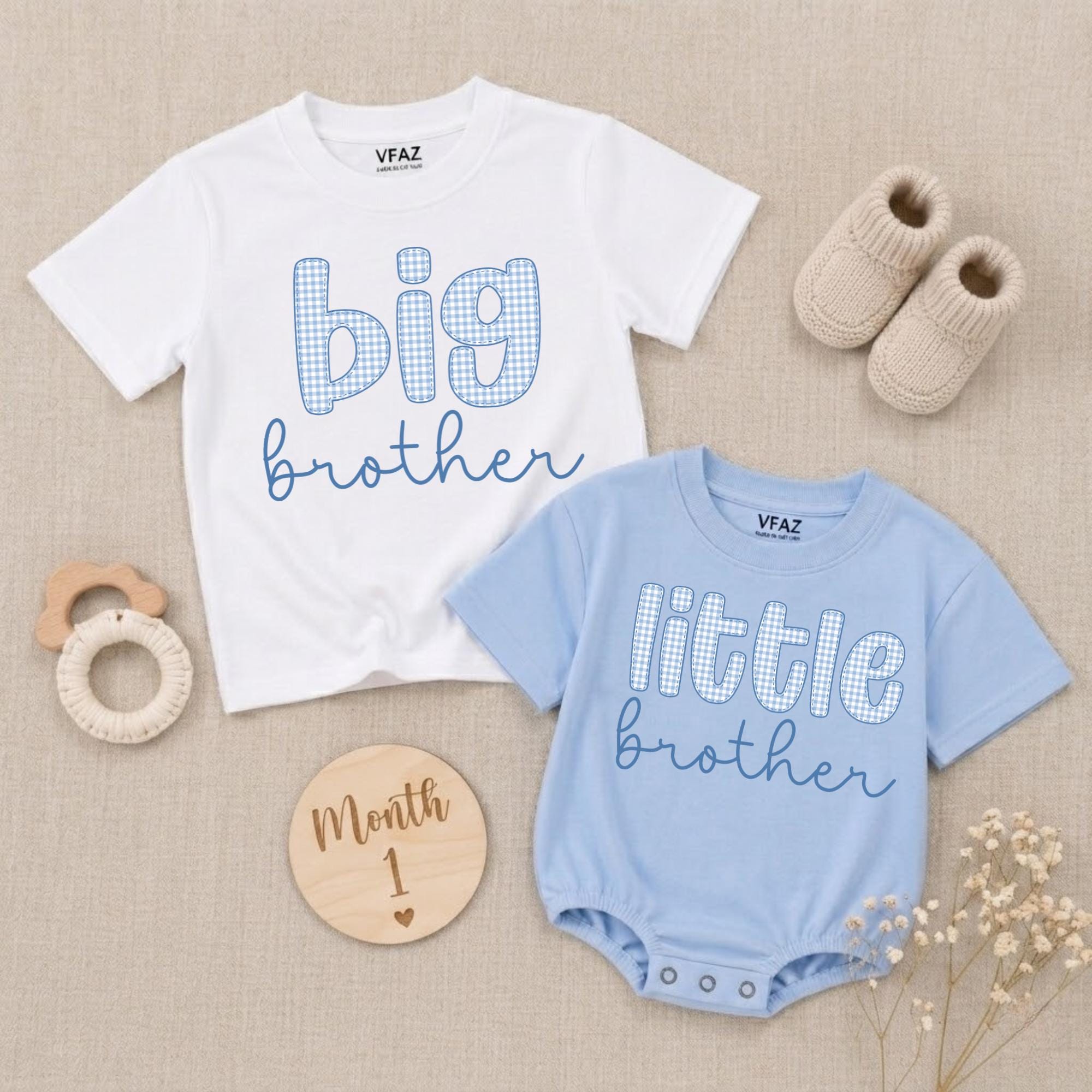 Custom Big Brother Little Brother Matching Shirts, Blue Gingham Baby Romper & Kids' Tee, Soft Cotton Sibling Outfit for Milestone Photos
