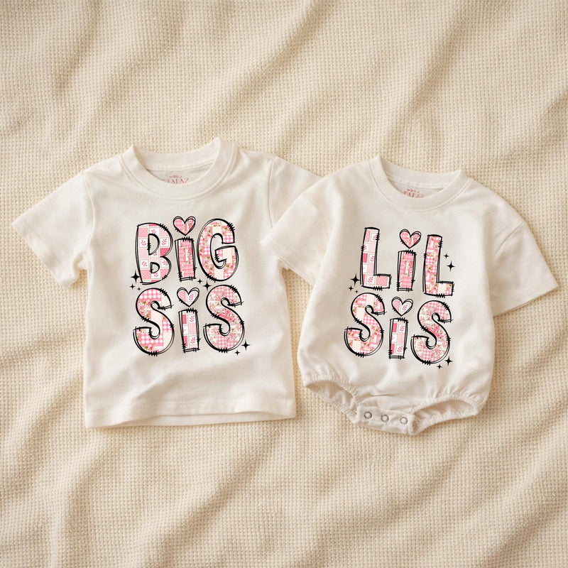 Custom Big Sis Lil Sis Matching Shirts & Baby Romper, Soft Cotton Family Outfit for Siblings, Perfect for Photos, Birthdays & Gifting