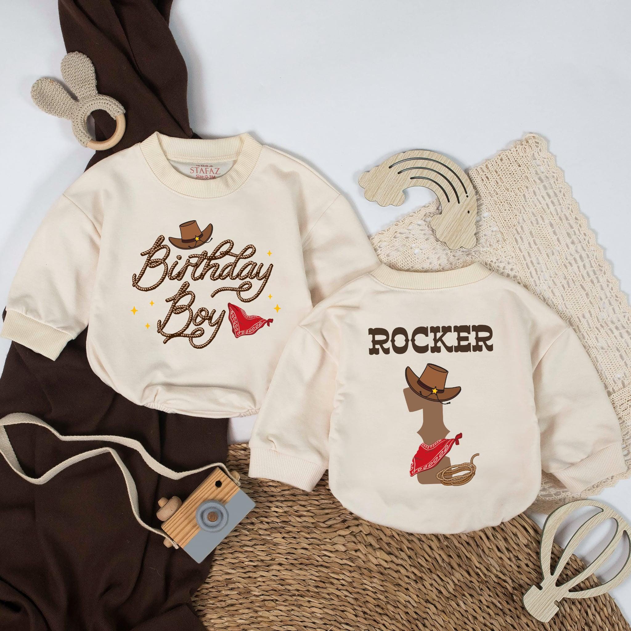 Custom Birthday Boy Cowboy Baby Romper with Western Hat & Bandana Graphic, Soft Cotton 1st Birthday Outfit, Rodeo Cake Smash Bodysuit