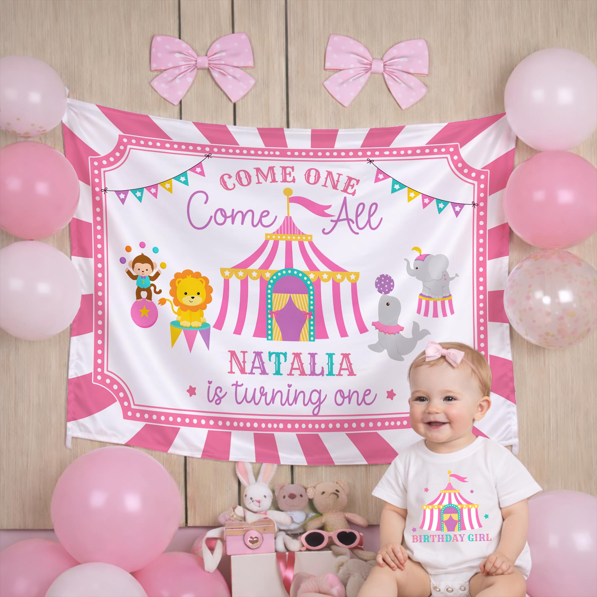 Custom Birthday Girl Bubble Romper Pink Circus Tent Design Toddler Party Outfit Cheerful Carnival Theme Gift Baby 1st Birthday Celebration