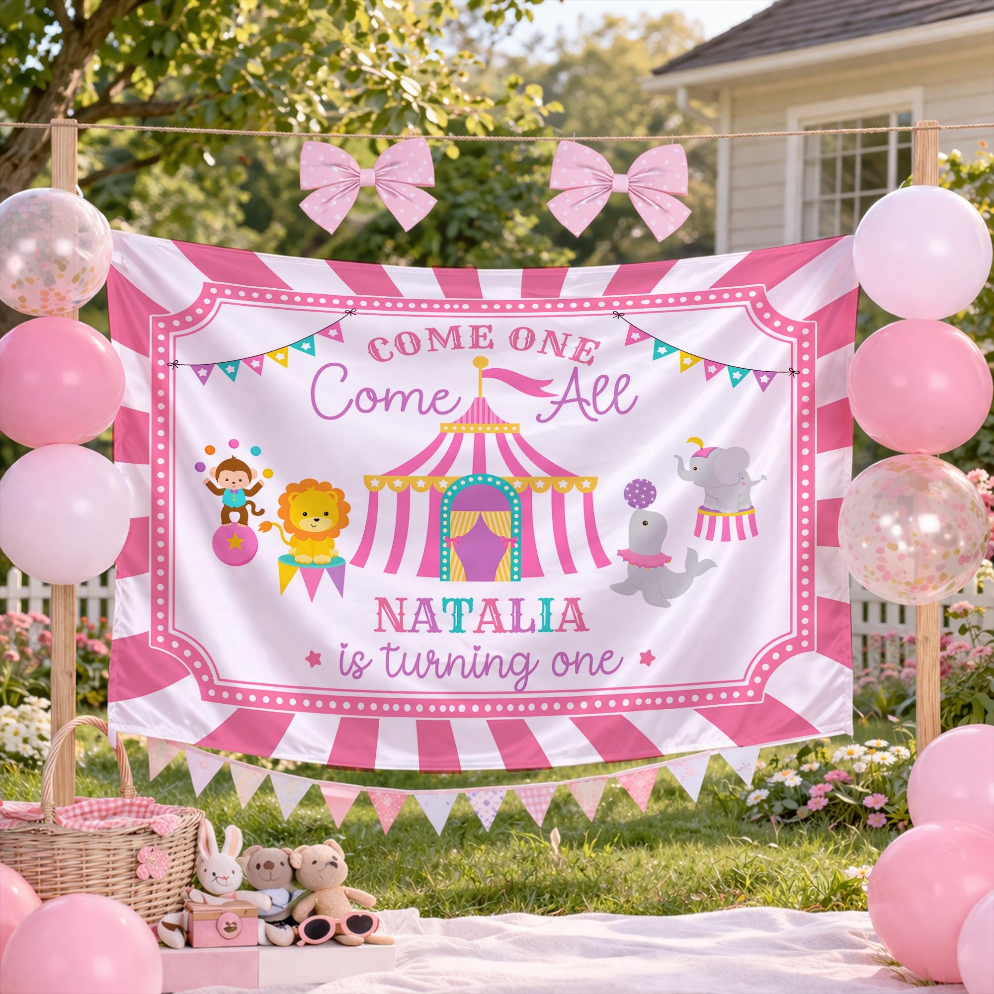 Custom Birthday Girl Bubble Romper Pink Circus Tent Design Toddler Party Outfit Cheerful Carnival Theme Gift Baby 1st Birthday Celebration