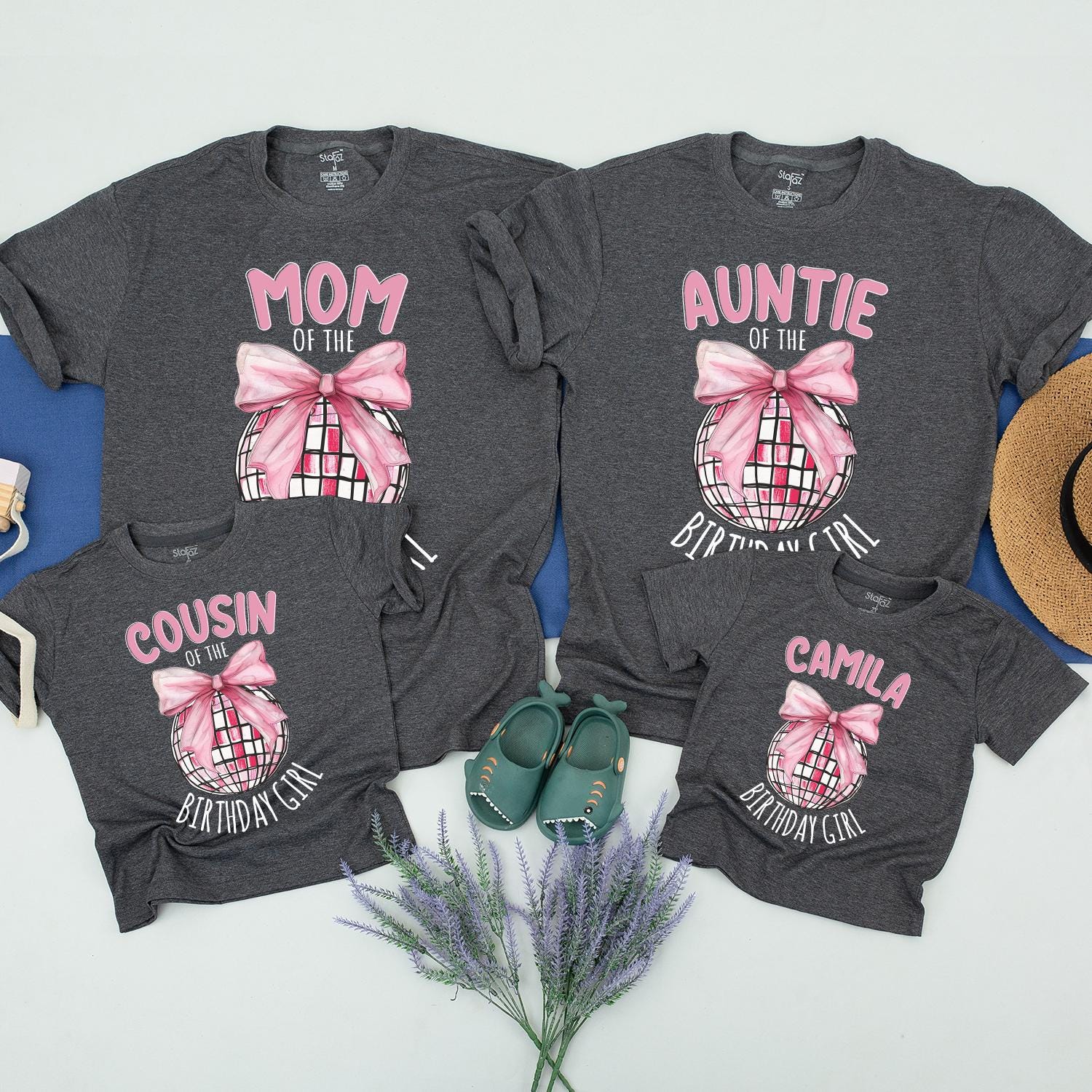 Custom Birthday Girl Disco Ball Bow T-Shirt Matching Family Party Outfit Pink Silver Toddler Youth Personalized Name First Celebration