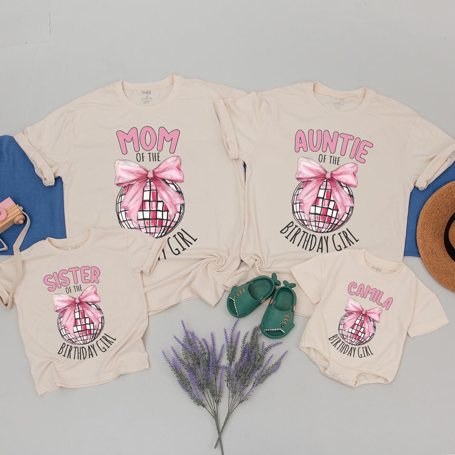 Custom Birthday Girl Disco Ball Bow T-Shirt Matching Family Party Outfit Pink Silver Toddler Youth Personalized Name First Celebration