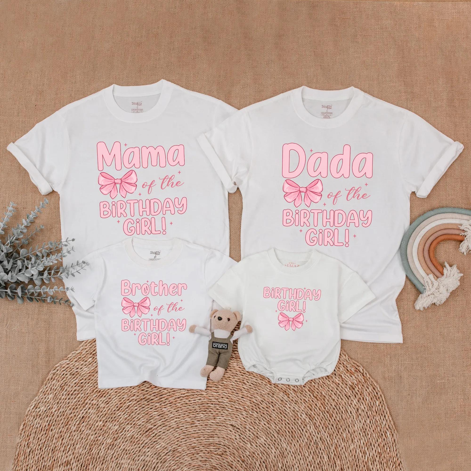 Custom Birthday Girl Pink Bow Family Shirts Mom Dad Toddler Outfit Cute 1st Birthday Party Gift Soft Cotton Baby Wear Celebratory Design