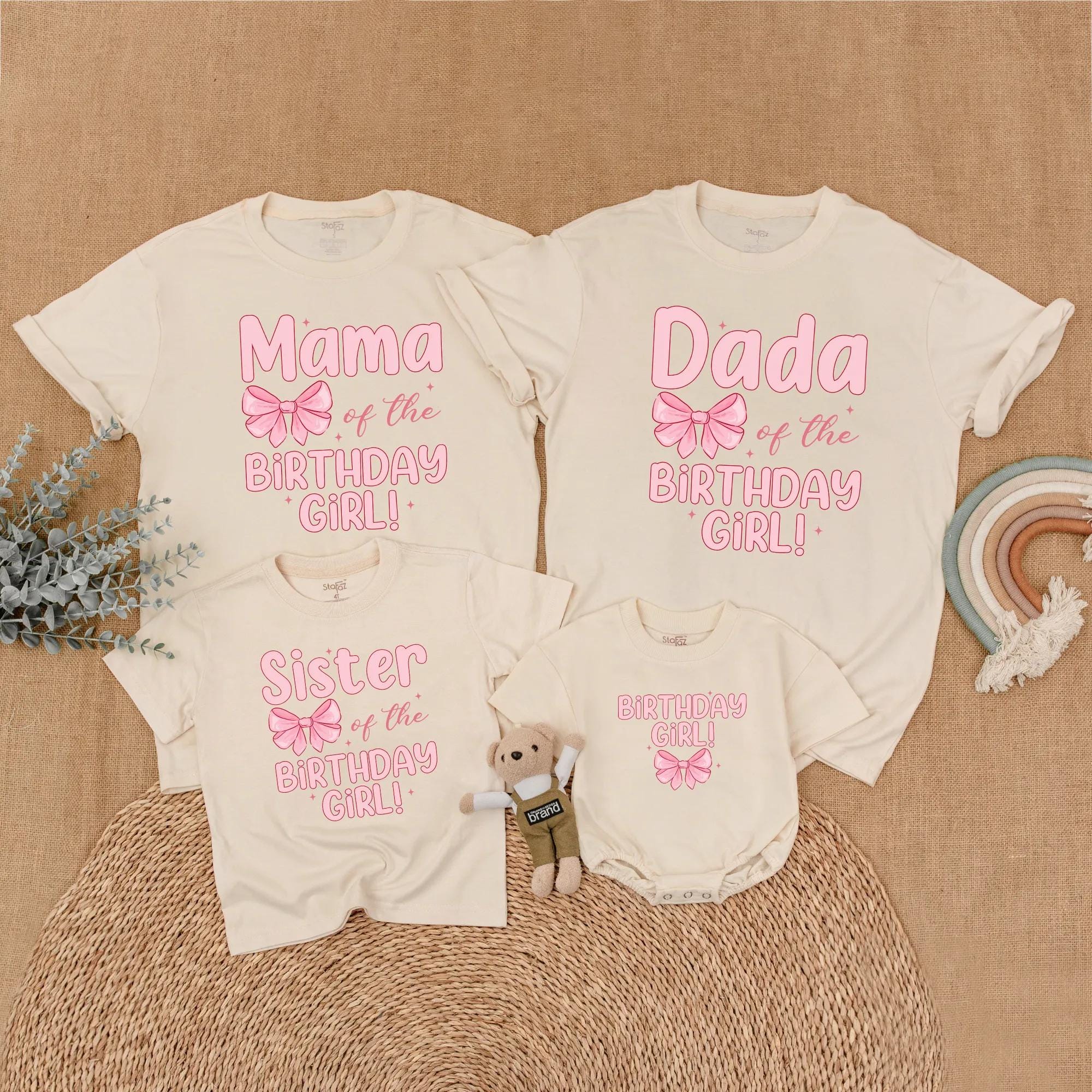 Custom Birthday Girl Pink Bow Family Shirts Mom Dad Toddler Outfit Cute 1st Birthday Party Gift Soft Cotton Baby Wear Celebratory Design