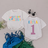 Custom Birthday Girl Romper for Infant Vibrant 1st Birthday Outfit Personalized Name Bodysuit Colorful Balloons Stars Design