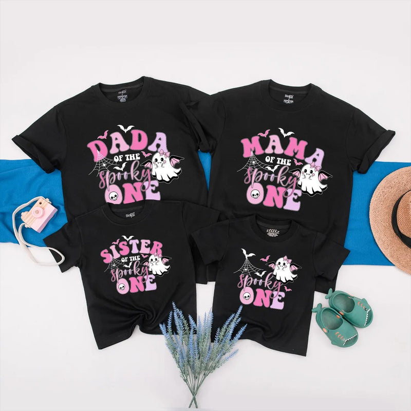 Custom Black Halloween Family Shirts with Pink Spooky One Ghost Design, Long Sleeve Romper, Kids' & Adult T-Shirts for 1st Birthday Outfit