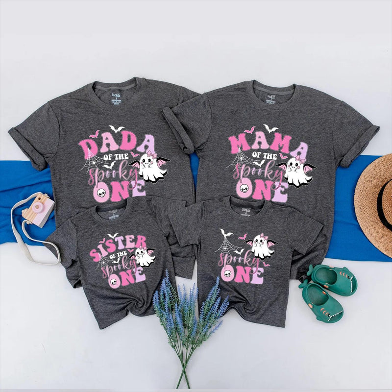 Custom Black Halloween Family Shirts with Pink Spooky One Ghost Design, Long Sleeve Romper, Kids' & Adult T-Shirts for 1st Birthday Outfit