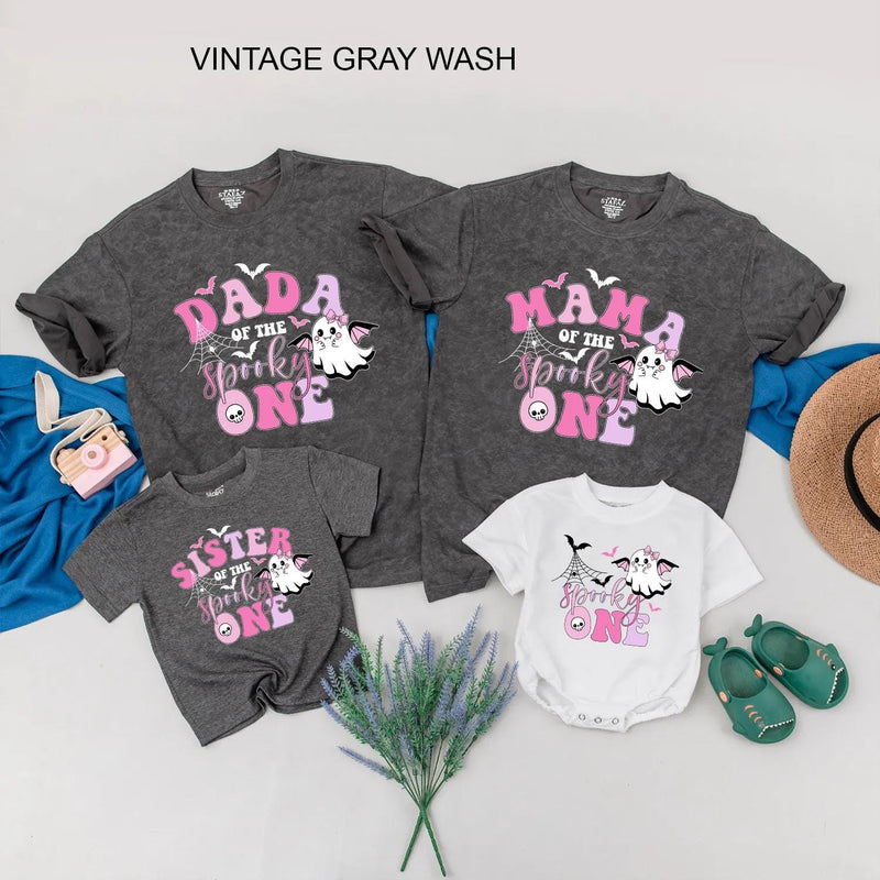 Custom Black Halloween Family Shirts with Pink Spooky One Ghost Design, Long Sleeve Romper, Kids' & Adult T-Shirts for 1st Birthday Outfit