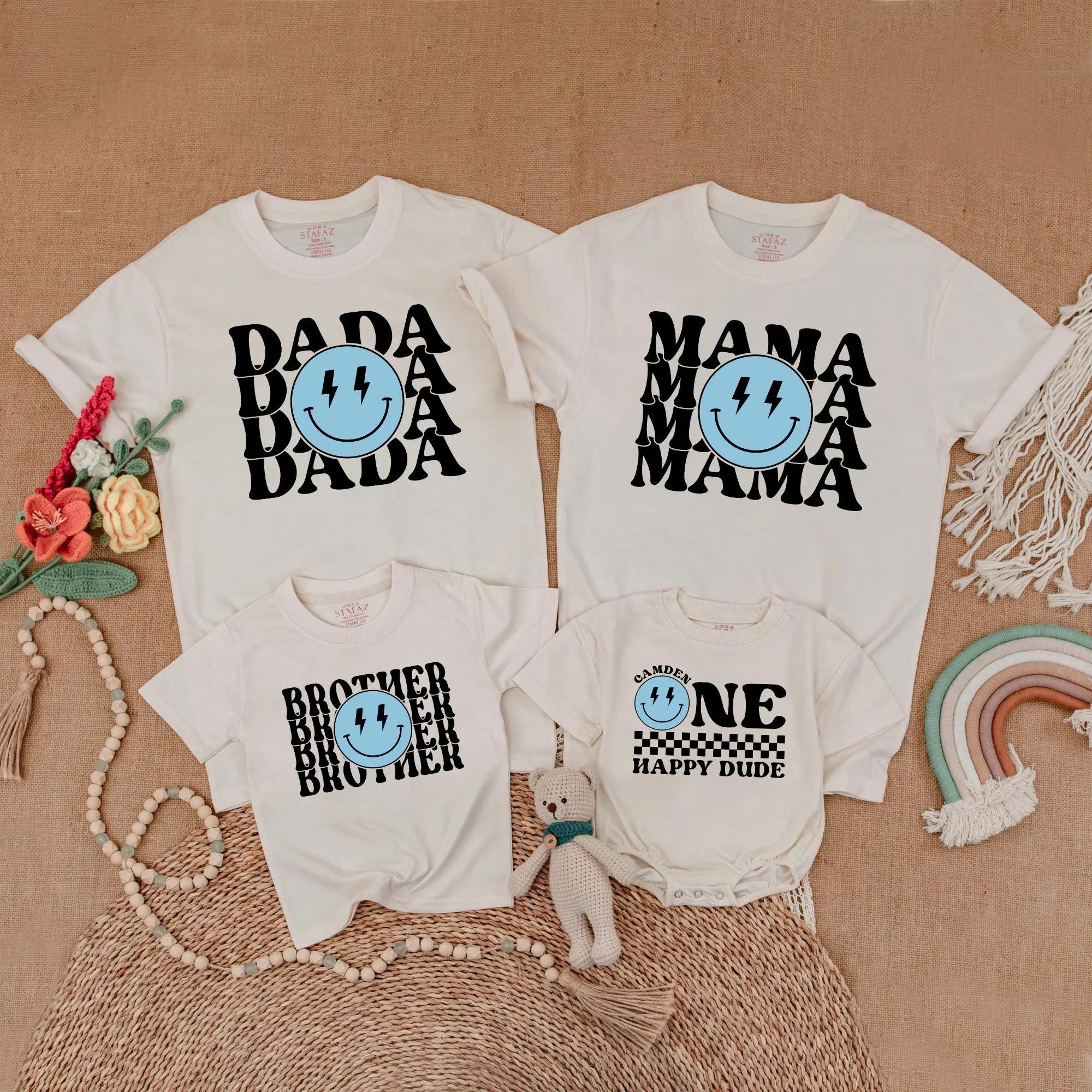 Custom Blue One Happy Dude Birthday Shirt Smiley Face Outfit Baby Boy Family Matching First Birthday Gift Cotton Comfort