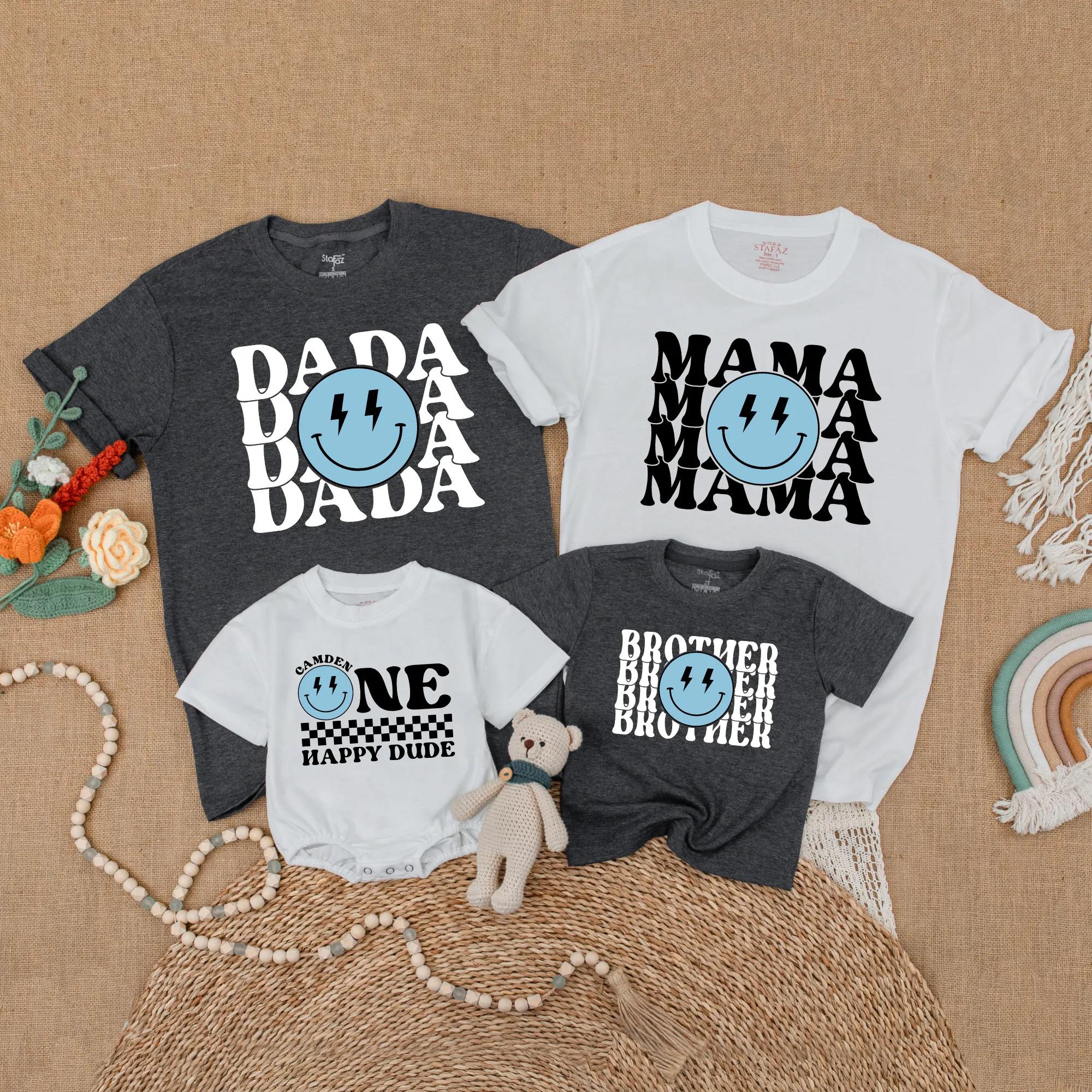 Custom Blue One Happy Dude Birthday Shirt Smiley Face Outfit Baby Boy Family Matching First Birthday Gift Cotton Comfort