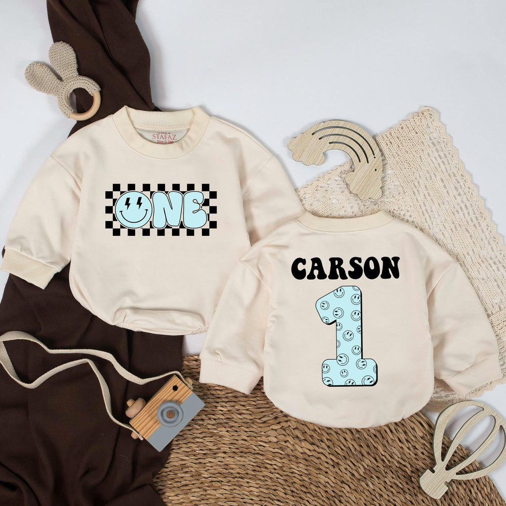 Custom Blue One Romper with Smiley Face and Lightning Eyes, Baby Boy First Birthday Outfit, Retro Cake Smash Bodysuit for One Year Old