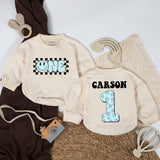 Custom Blue One Romper with Smiley Face and Lightning Eyes, Baby Boy First Birthday Outfit, Retro Cake Smash Bodysuit for One Year Old