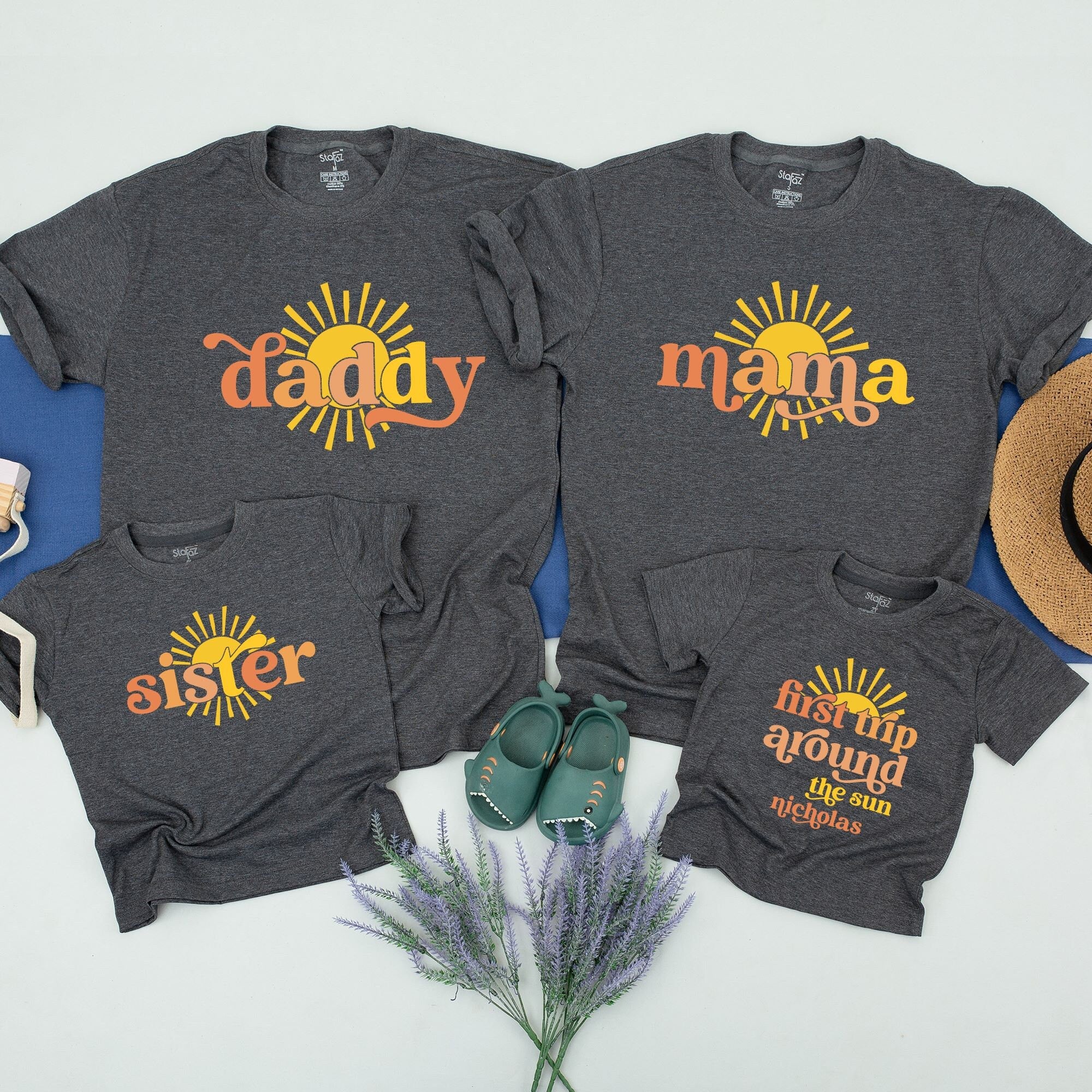 Custom Boho Sun Birthday Shirt for First Trip Around the Sun Family Matching Outfit Mommy Daddy Baby Toddler Celebratory Cotton Tee