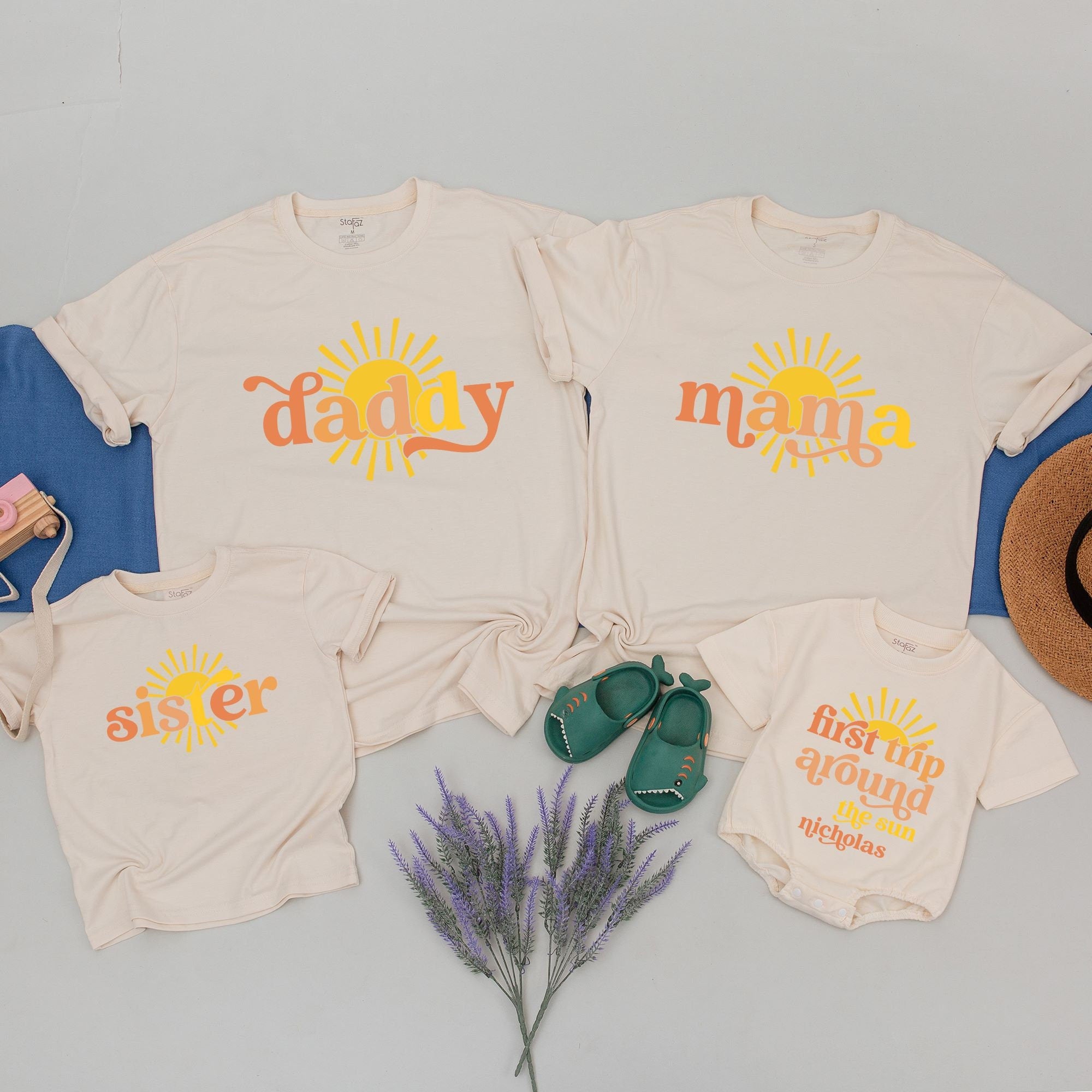 Custom Boho Sun Birthday Shirt for First Trip Around the Sun Family Matching Outfit Mommy Daddy Baby Toddler Celebratory Cotton Tee