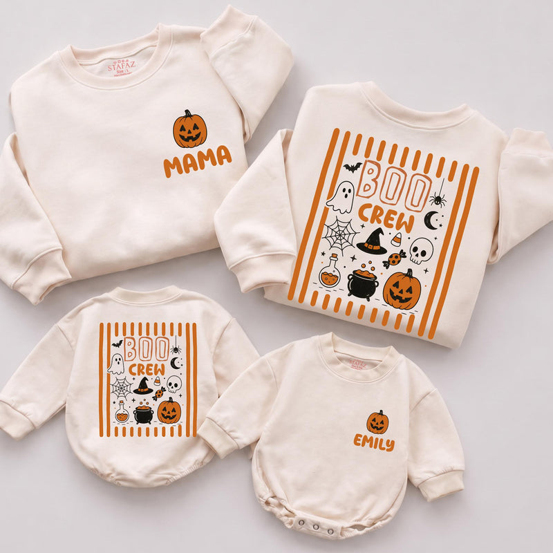 Custom Boo Crew Halloween Matching Family Sweatshirts & Baby Rompers with Pumpkin & Ghost Artwork, Soft Cotton Fall Outfit for All Ages