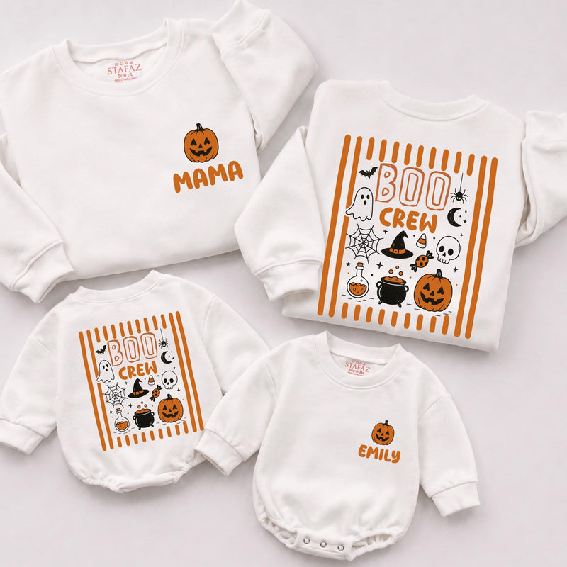 Custom Boo Crew Halloween Matching Family Sweatshirts & Baby Rompers with Pumpkin & Ghost Artwork, Soft Cotton Fall Outfit for All Ages