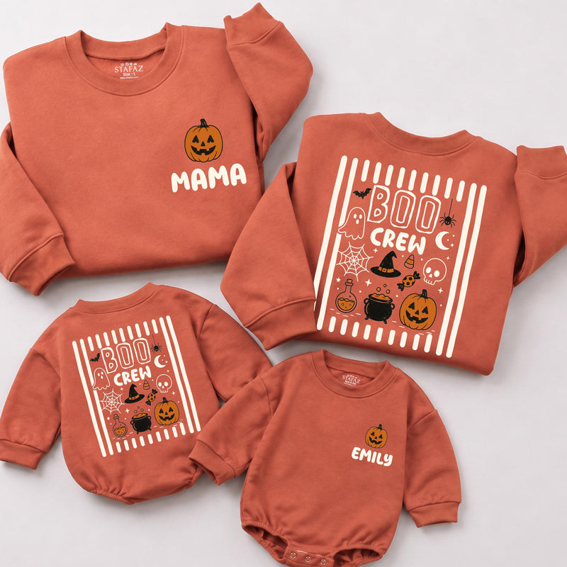 Custom Boo Crew Halloween Matching Family Sweatshirts & Baby Rompers with Pumpkin & Ghost Artwork, Soft Cotton Fall Outfit for All Ages